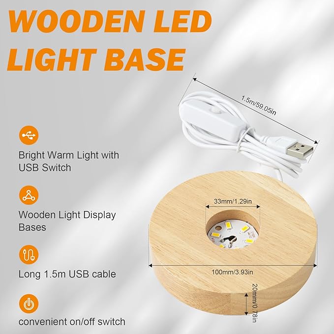 8 Pack Wooden LED Light Display Base with Switch, 3.9” Round Warm Light Stand for Crystal Glass Ball Figurine, USB Powered Lighted Holder for Resin Crafts, Art Decoration