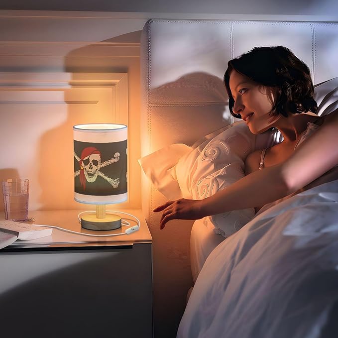 Table Lamp Pirate Skull Crossbones Nightstand Lamp with Wood Base Fabric Lamp Shade Bedside Desk Lamp for Living Room Bedroom Kids Room Office
