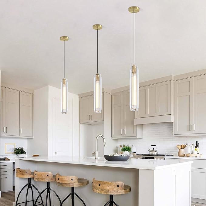 Modern K9 Crystal Pendant Light 2 Pack,14.95'' Clear and Gold Island Pendant Lights,Kitchen Crystal Light Pendant,Bar Pendant Lights,for Kitchen Dining Bathroom Bedroom