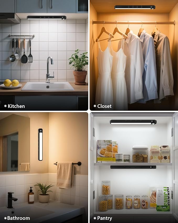 WILLED Under Cabinet & Closet Lights, Motion Sensor, Rechargeable, Magnetic, 3 Color Temps, Dimmable LED Light Bar for Indoor Kitchen Counter (2 Pack, Black)