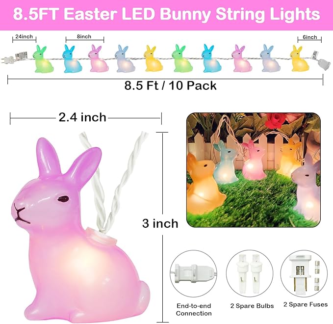 Couah 8.5Ft Multicolor Easter Lights with 10 LED Bunny Lights Plug in Easter String Lights Waterproof for Home Indoor Outdoor Garden Spring Party Easter Decorations