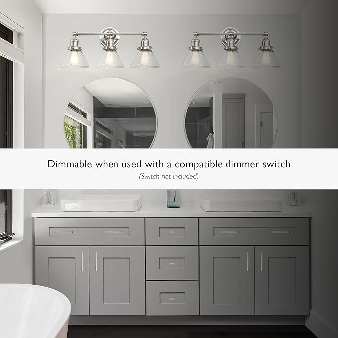 Design House Augustin Vanity Light, 3-Light, Seeded Glass Warm Glow, Dimmable, Up/Down Glow, Easy Installation, E26 Socket, Satin Nickel, 25.9 in L x 8.3 in D x 11.1 in H, 589036-SN