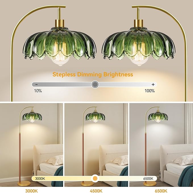 Wood Floor Lamps for Living Room,Gold Floor Lamp with Remote Control & Glass Lampshade,Arc Flower Lamp Dimmable Mid Century Modern Standing Lamp Vintage Farmhouse Tall Floor Lamp For Bedroom Corner