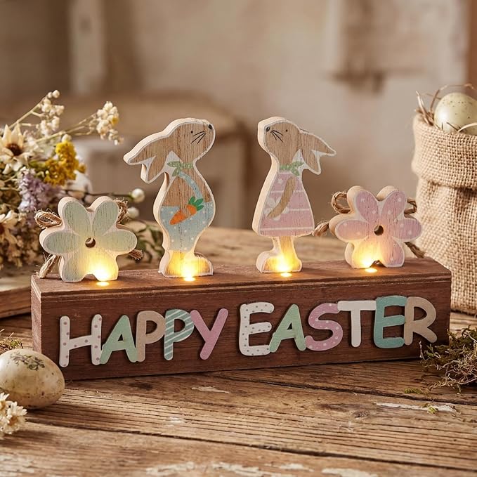 Yousoontic Light up Happy Easter Sign Wooden Easter Bunny Decoration for Home Neutral Bunny Block Rustic Farmhouse Holiday Decorations for Home Dining Room Kitchen Spring Decor
