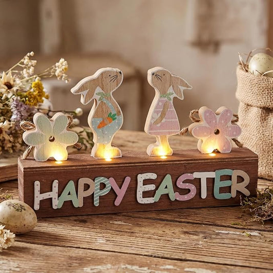 Yousoontic Light up Happy Easter Sign Wooden Easter Bunny Decoration for Home Neutral Bunny Block Rustic Farmhouse Holiday Decorations for Home Dining Room Kitchen Spring Decor