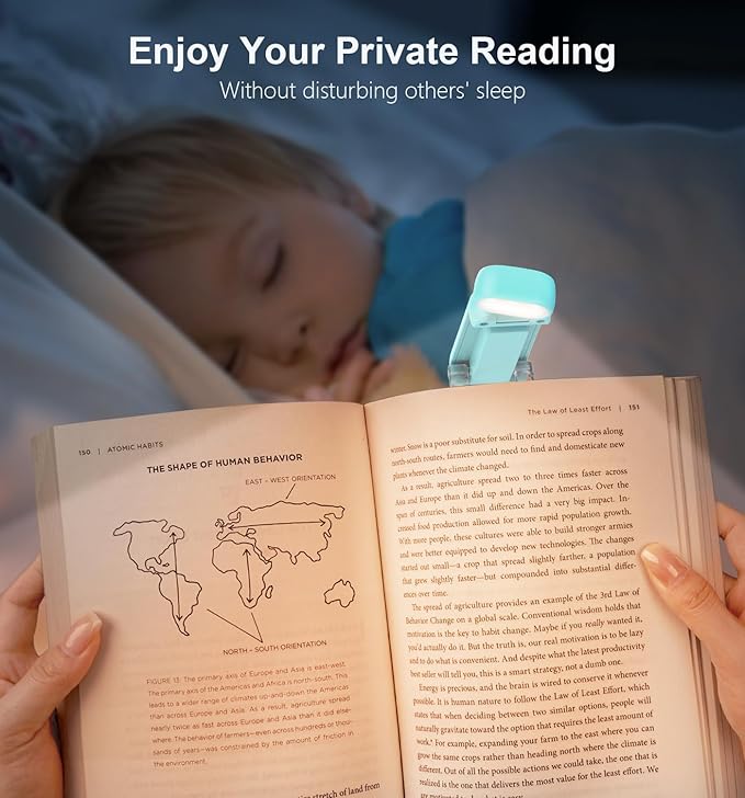 Gritin Reading Light, Rechargeable Book Light for Reading in Bed - Eye Caring 3 Color Temperatures, 5-Level Dimmable Brightness, Long Lasting, Compact Size Clip on Book Lamp for Bookworms-Blue