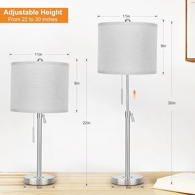 Brushed Nickel Table Lamps Set of 2: 22" to 30" Height Adjustable Nightstand Lamps with Grey Linen Shade Pull Chain Switch Silver Pole Beside Lamp for Living Room Bedroom (Brushed Nickel,Grey Shade)