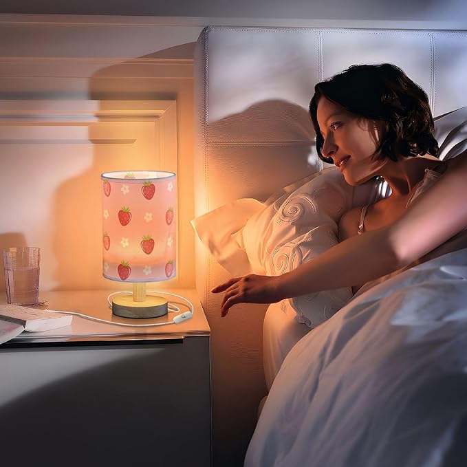 Bedside Table Lamp Cute Strawberry Florals Nightstand Lamp with Wood Fruits Flowers Pink Desk Lamps for Bedroom Living Room Nursery Office Home Decor