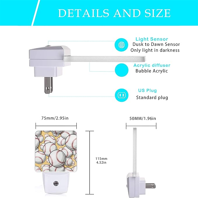 Ball Night Light,Baseball Softball Plug-in Night Lights with Dusk-to-Dawn Sensor for Bedroom, Bathroom and Living Room 0.5W Sleep Friendly Ideal for Women/Girls/Boys Gift