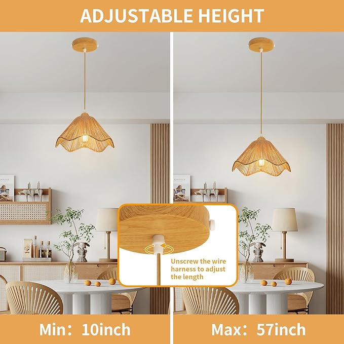12.4" Wave Rattan Chandelier Pendant Lights Kitchen Island,Farmhouse Boho Chandeliers Adjustable Height Hanging lamp for Dining Room,Kitchen Ceiling Light Fixtures Hand Woven Wicker Lampshade