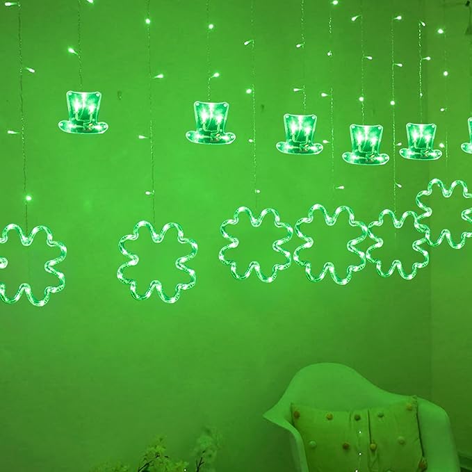 Dazzle Bright St Patrick Day Lights, 174LED 9FT Green Hat and Shamrock Curtain String Lights with 8 Modes, Plug in St Patrick Decorations for Indoor Window Outdoor Party Decor (Green)