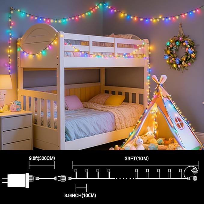 LAMPHOME 33ft Easter String Lights Plug in, 100 LED Pastel Twinkle Fairy Lights Green Wire, 16 Modes Easter Outdoor Indoor Decorations for Tree Christmas Wedding Party(Warm+Multicolor)