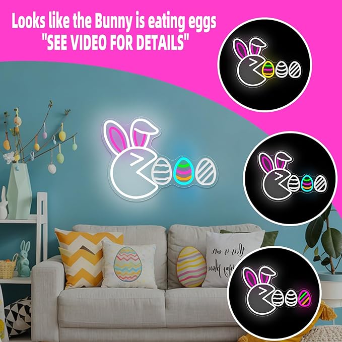 Easter Neon Sign for Wall Decor Bunny Led Sign Cute Rabbit Neon Light Easter Decorations Dimmable Funny Egg Light Up Sign for Window Spring Bar Living Room Home Holiday Bedroom Party Gifts