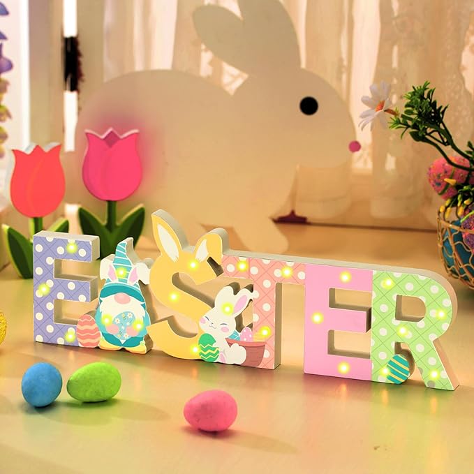 Menkxi Easter Wooden Decoration "EASTER" Letter Table Decor LED Light up Wooden Sign with Bunny and Gnome Tiered Tray Decor for Home Spring Party Room Desk Decoration