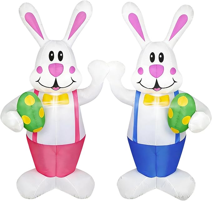 Dearsun Set of 2PCS, 6.2FT H Lovely Easter Inflatable Bunnies Holding Easter Egg, Easter Bunny Blow up Yard Decorations Giant Bunny for Holiday Party Indoor Outdoor Decorations
