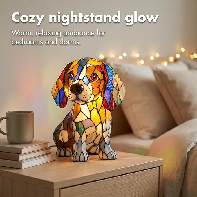 Rainbow Puppy Lamp Stained Glass Dog Night Light 3D Retro Stained Resin Rainbow Pup Lights Charge Powered Table Lamp Puppy Glow Lamps for Home Bedroom Desk (J)