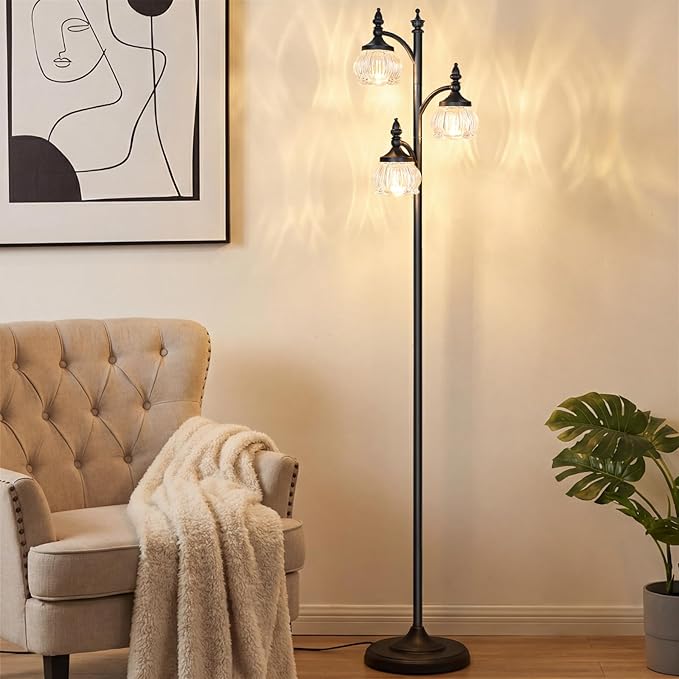 Black Standing Lamps for Living Room 66.5in Floor Lamps with Glass Shade 3 Way Brightness Lights Dimmable Modern Corner Lamp for Bedroom Office(3LED Bulbs Included)