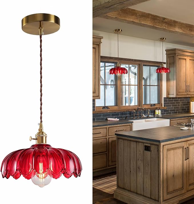 Vintage Pendant Light Fixtures: Red Pendant Lights Kitchen Island, Glass Pendant Light, Modern Chandelier Pendant Red Light Fixture for Bedroom, Dining Room