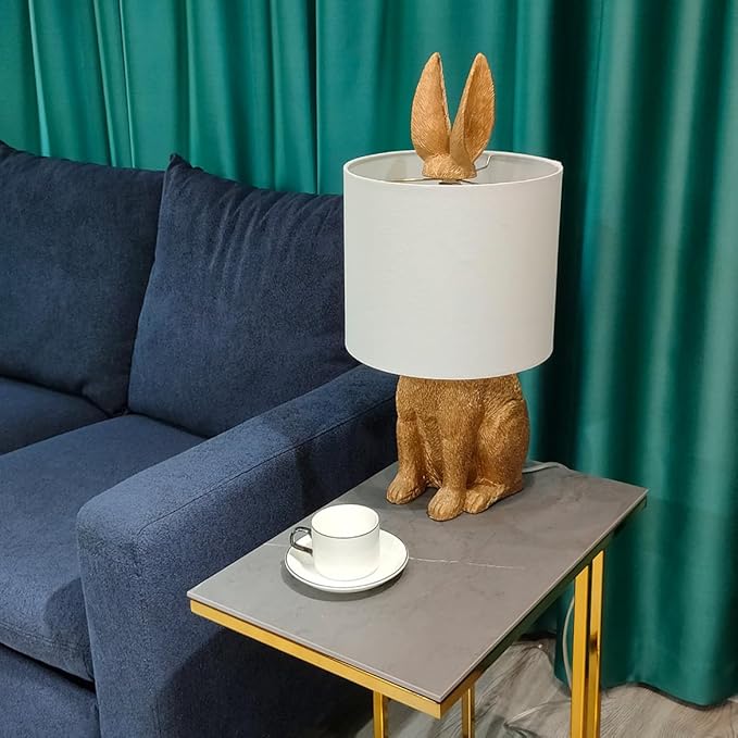 Bunny Table Lamp Golden Resin Rabbit Nightstand Light with Fabric Shade Bedside Table Light Living Room Decoration