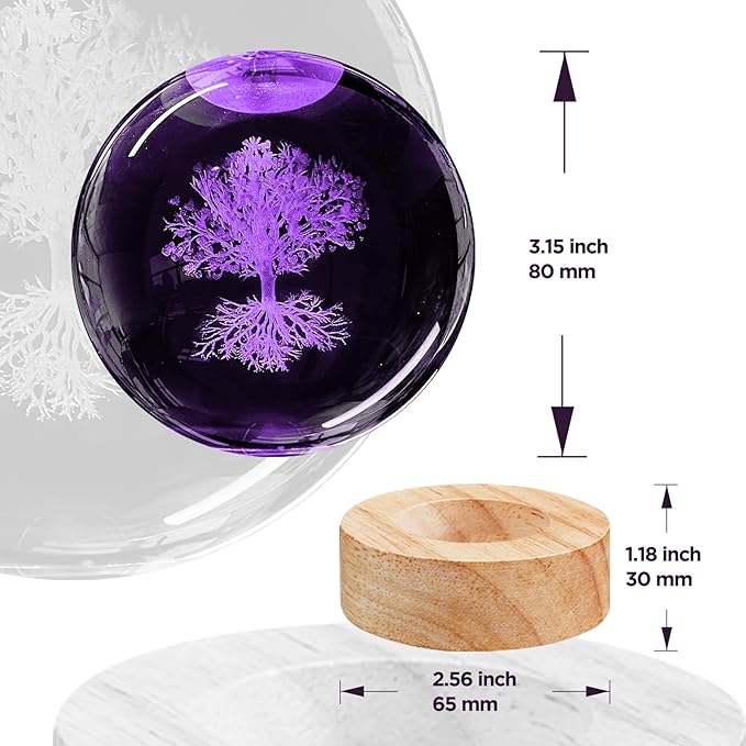 3D Tree of Life Crystal Ball Night Light,3.15in k9 Crystal Ball Lamp with 16 Colors Change,Wooden Base and Remote Control Tree of Life Gifts for Kids