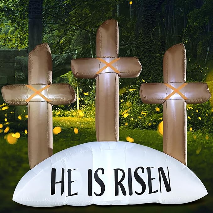 6FT Easter Inflatable Outdoor Decorations He is Risen Cross, Build-in LED Lights Holiday Blow Up Yard Decoration, for Easter Holiday Party, Outdoor,Garden, Yard Lawn Décor