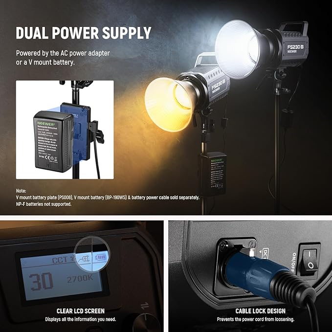NEEWER FS230B LED Studio Video Light, 230W Bi Colour COB Continuous Lighting with 2.4G/APP Control, 110000Lux/m, 2700K-6500K, CRI 97+, Bowens Mount, Cleaning Cloth for Photography Video Recording