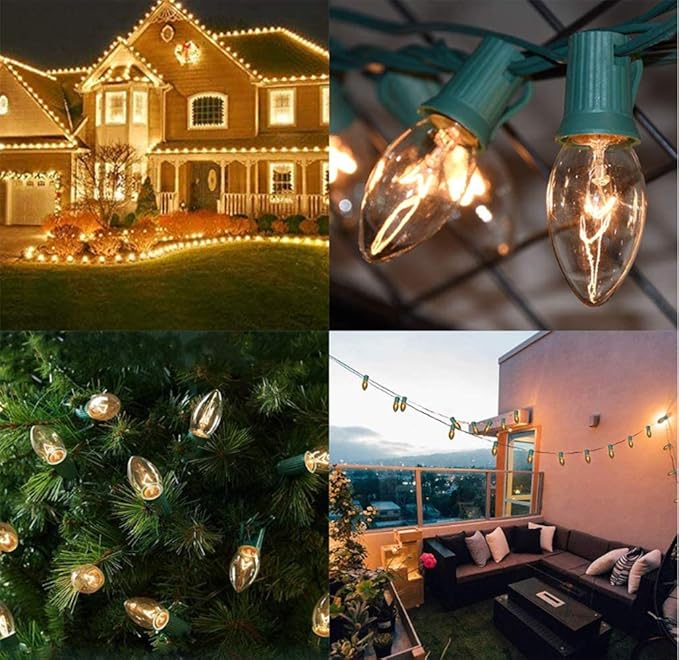 SUNSGNE 25 Pack C9 Clear Replacement Bulbs, C9 Christmas Light Bulbs Clear Incandescent Bulbs for Christmas Vintage String Light, E17 Intermediate Base, 7 Watt