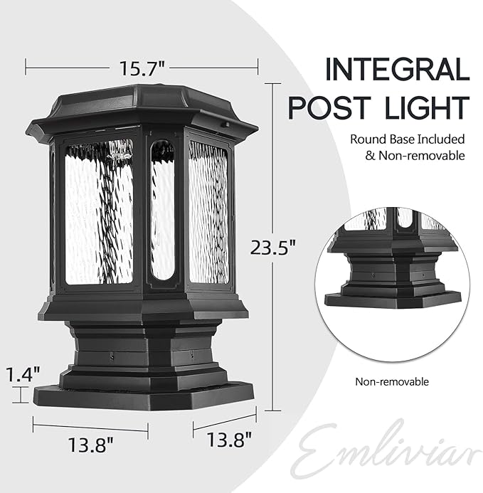 Emliviar Exterior 23.5 Inch Solar Post Light, Outdoor Aluminum Post Lamp with Pier Mount Base, Integral Black LED Pillar Lantern with Water Ripple Glass, XE310P SL BK-SW