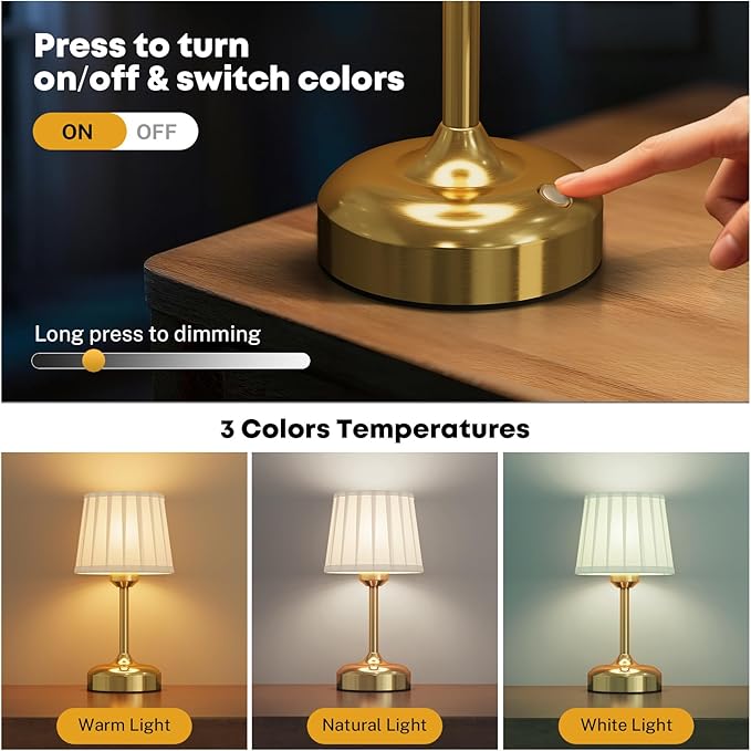 Cordless Table Lamp, Rechargeable Small Desk Lamp Faric Shade 5000mAh Beattery Powered Lamp Touch Stepless Dimmable Bedside Table Lamp for Bedroom, Living Room, Dining Room, Camping Gold