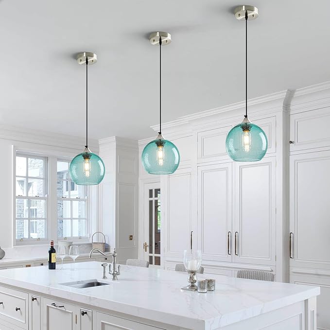 Light Blue Glass Pendant Lights Kitchen Island Lighting Globe Pendant Light Fixtures Modern Pendant Lighting for Bedroom Living Dining Room Light Fixture (7.87 in, 1 Pack)