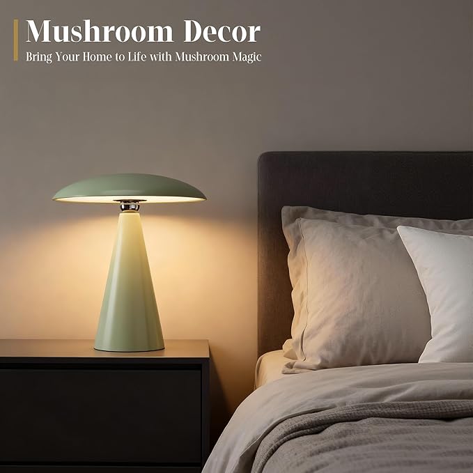 Mushroom Aesthetic Cute Lamp,Magnetic Mid Century Modern Lamp with 3-Mode Lighting for Unique Home Mushroom Decor,Cordless USB-C Rechargeable Lamps for Bedside/Dorm/Office Decor(Avocado Green)