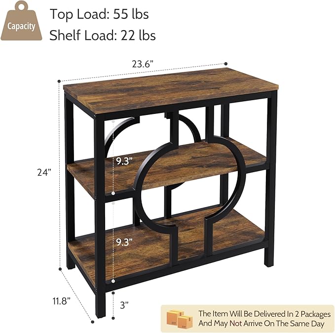 End Table Set of 2, Narrow Side Table with 3-Tier Storage Shelves, Wood Sofa Side Table with Geometric Metal Frame for Living Room, Industrial Bedside Nightstand for Bedroom (Brown)