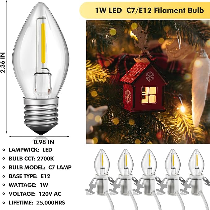 Leelosp 2 Pack Christmas Accessory Cord with 5 LED Light Bulbs, 11.5 Feet White C7 Lamp, On/Off Switch Plug, Spare Fuses, Female/Male Plugs, Blow Mold Light for Village House Craft Decorations