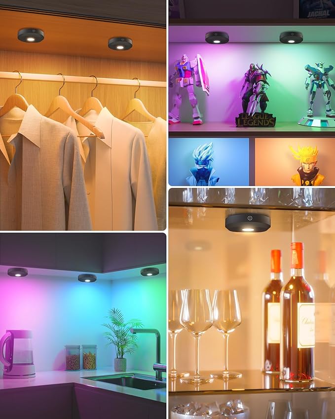 WILLED Under Cabinet Lighting Wireless,RGB Rechargeable Puck Lights with Remote Control,Battery Touch Tap Light with Timer Function,Stick On LED Lights for Kitchen,Cabinet,Counter,Closet,Shelf,6 Pack