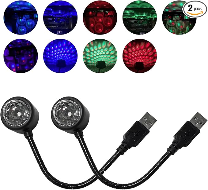 2 PCS USB Star Night Light Projector, Portable Car Roof Sound Activated Atmosphere Lamp, Adjustable Auto Interior Atmosphere Decorative Light for Vehicle, Bedroom, Ceiling, Party