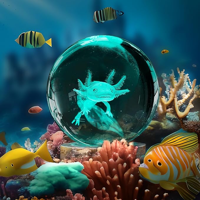 3D Axolotl Crystal Ball Night Light with Remote, Upgraded 3.15 Inch Axolotl Glass Ball Lamps with 16 Color LED Wooden Base for Birthday Holiday Xmas, Cool Axolotl Toy Decor Gifts for Boys Girls Kids