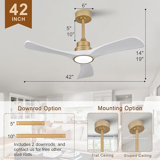 White Gold Ceiling Fans with Lights,42 inch Solid Wood Ceiling Fan with Remote Control,Wall Switch,Dimmable,Reversible,Power Off Memory Modern Ceiling Fan for Bedroom Patio Indoor/Outdoor Use