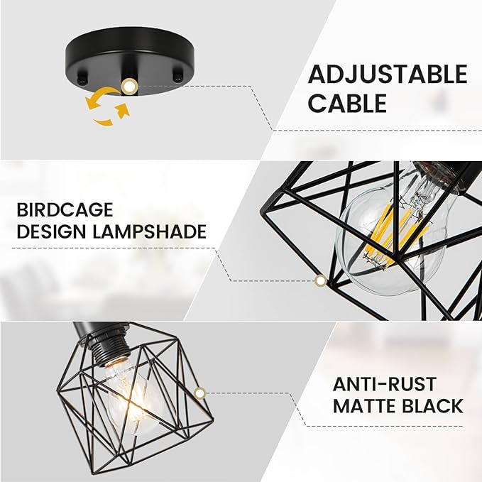 4-Pack Hanging Pendant Light Fixtures, Farmhouse Kitchen Island Light Fixture, Industrial Hanging Pendant Lighting for Dining Room Bedroom Hallway, Black Metal Cage Pendant Lamp, E26 Base