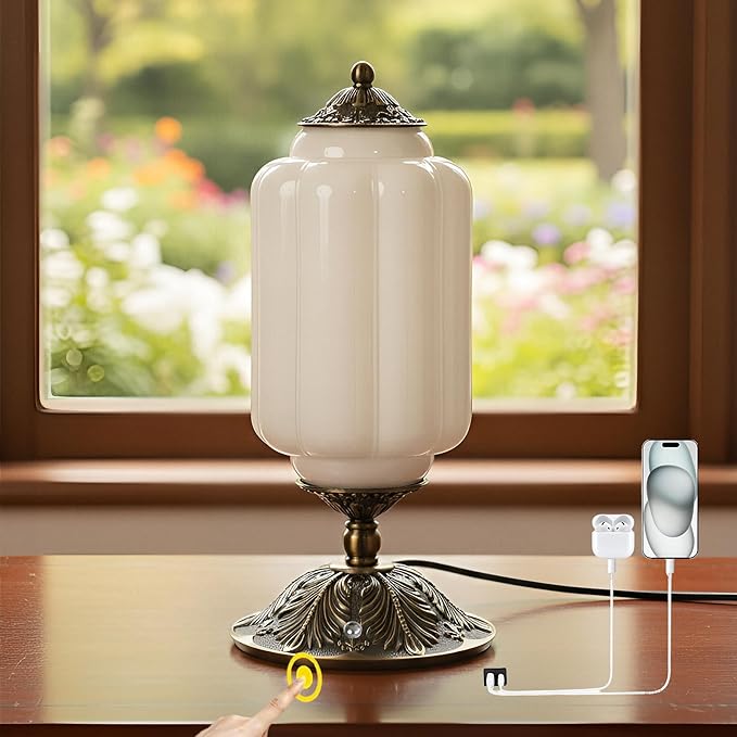 Vintage Touch Bedside Table Lamp, Elegant Milk White Glass Desk Lamp 3 Way Dimmable with USB C+A Charging Ports - Bedroom Nightstand & Living Room Essential (Vintage White, 6.5)