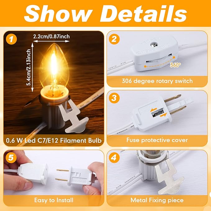 Coume Set of 3 Christmas Village Light Accessory Cord with 6 Socket Led Bulbs and Clips, Accessories White Bulb On/Off Switch for Decor, 11.5 Feet