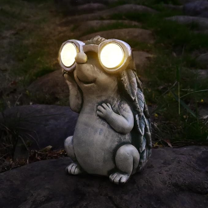 Garden Hedgehog Figurines Animals - Outdoor Decor Solar Lights Lawn Ornament Concrete Critters Cement Statues Cute Resin Yard Sculpture Creature Gifts for Women Lover