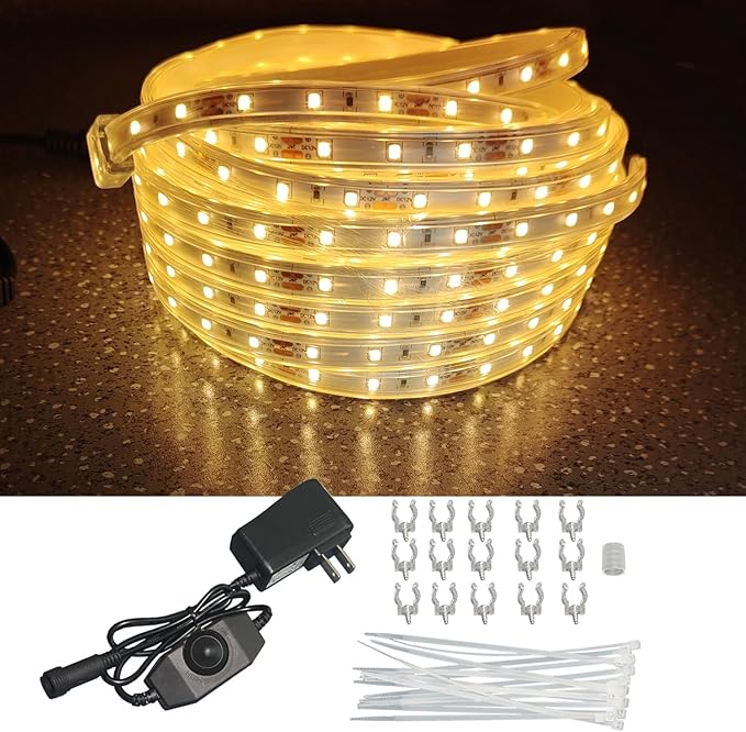 32.8FT Waterproof LED Rope Lights Warm White, Dimmable LED Strip, 12V Flat Outdoor String Light, Flexible Rope Lighting for Indoor Bedroom Deck Patio Christmas Camping