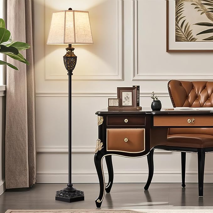 Luvkczc Vintage Black Floor Lamp - Hand-Painted Gold Resin with 6-Sided Carved Hollow Nightlight, Traditional Standing Lamp for Living Room, Bedroom, Study (Bulb Included)