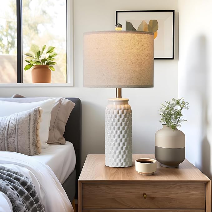 24" Modern Ceramic White Bedside Lamp Set of 2 Table Lamp for Bedroom Decor Farmhouse Table Lamp for Living Room Office Dorm