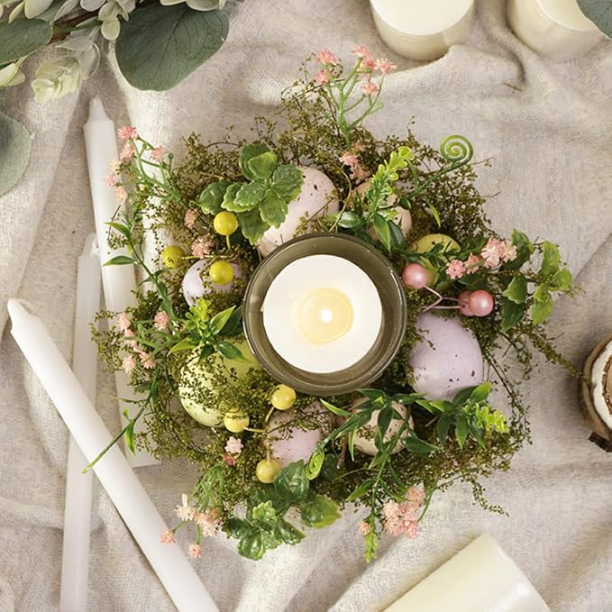 Colorful Easter Eggs Glass Tealight Candle Holder Cup, Candle Sticks lamp Tea Light Candlestick Holder with Artificial Plants Flowers for Spring Easter Home Table Centerpiece Decors (Exclude Candles)