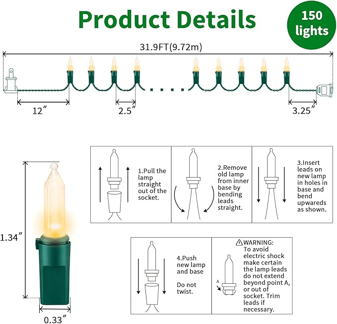 LAMPHOME Clear Christmas String Lights, 150 Count 31.9Ft Incandescent Mini Bulb Lights, Green Wire Waterproof Indoor Outdoor String Lights for Xmas Tree, Garland, Wedding, Party & Holiday Decor