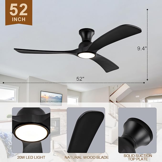 Black Ceiling Fans with Lights Flush Mount,52 inch Solid Wood,Remote Control,Wall Switch,Dimmable,Reversible,Noiseless,Power Off Memory Modern Ceiling Fan Low Profile for Bedroom Indoor/Outdoor
