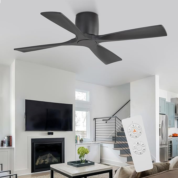 WINGBO Ceiling Fan no Light - 48 inch Solid Wood Flush Mount Ceiling Fan with Remote,4 Reversible Blades, 6-Speed Noiseless Powerful DC Motor, ETL Listed，Black