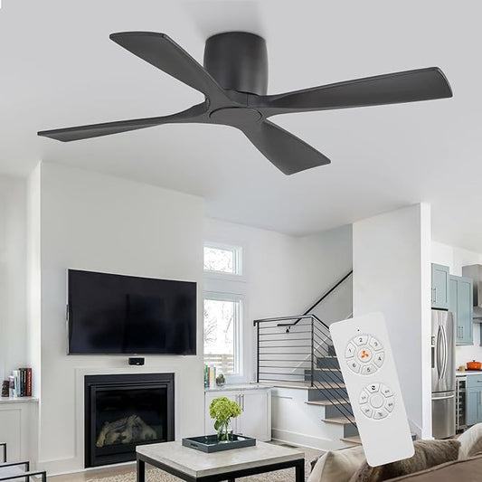 WINGBO Ceiling Fan no Light - 48 inch Solid Wood Flush Mount Ceiling Fan with Remote,4 Reversible Blades, 6-Speed Noiseless Powerful DC Motor, ETL Listed，Black