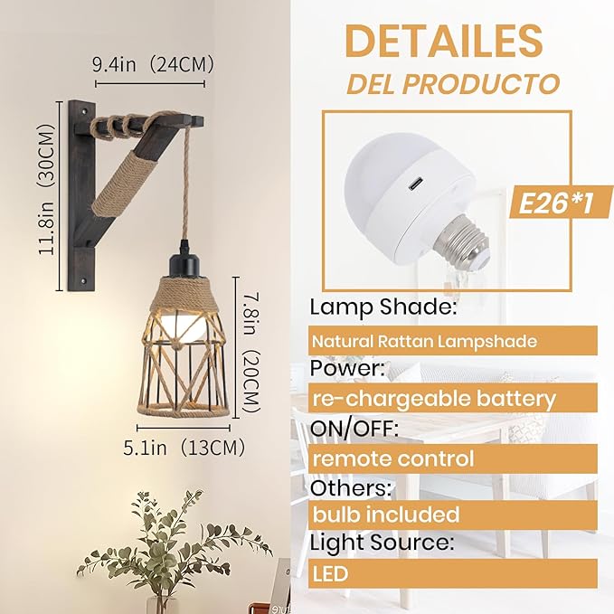 SEEBLEN Battery Operated Wall Sconce Set of Two, 12 RGB Colors Wireless Rechargeable Wall Light with Remote Control, Dimmable Farmhouse Wood Wall Lamp for Bedroom Living Room.